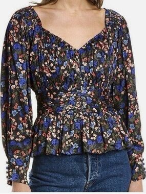 HUNTER BELL Black Floral Smocked Peplum Top with Blue & Pink Flowers
